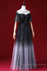 Black A-Line Gradient Tulle Short Sleeves Semi Formal Prom Dress, Black Long Evening Dress
