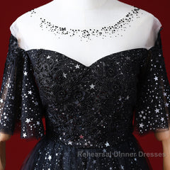 Black A-Line Gradient Tulle Short Sleeves Semi Formal Prom Dress, Black Long Evening Dress