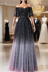 Black A-Line Gradient Tulle Short Sleeves Semi Formal Prom Dress, Black Long Evening Dress