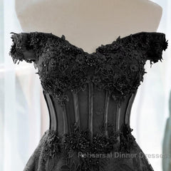 Black A-Line Lace Off Shoulder Tulle With Lace Semi Formal Prom Dress, Black Long Evening Dress