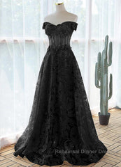 Black A-Line Lace Off Shoulder Tulle With Lace Semi Formal Prom Dress, Black Long Evening Dress