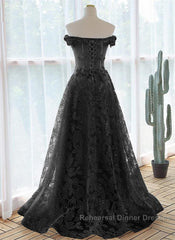 Black A-Line Lace Off Shoulder Tulle With Lace Semi Formal Prom Dress, Black Long Evening Dress