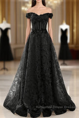 Black A-Line Lace Off Shoulder Tulle With Lace Semi Formal Prom Dress, Black Long Evening Dress