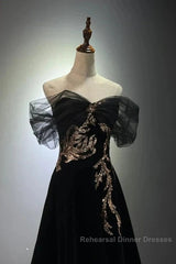 Black A-Line Off Shoulder Tulle Velvet Long Semi Formal Prom Dress,Sequin Formal Evening Dress