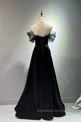 Black A-Line Off Shoulder Tulle Velvet Long Semi Formal Prom Dress,Sequin Formal Evening Dress