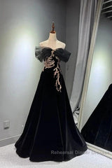 Black A-Line Off Shoulder Tulle Velvet Long Semi Formal Prom Dress,Sequin Formal Evening Dress