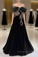 Black A-Line Off Shoulder Tulle Velvet Long Semi Formal Prom Dress,Sequin Formal Evening Dress