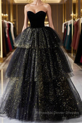 Black  A-Line Tulle Shiny Tulle Long Semi Formal Prom Dresses, Black Tulle Formal Dresses