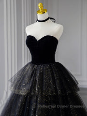 Black  A-Line Tulle Shiny Tulle Long Semi Formal Prom Dresses, Black Tulle Formal Dresses