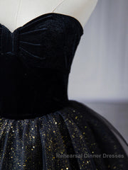 Black  A-Line Tulle Shiny Tulle Long Semi Formal Prom Dresses, Black Tulle Formal Dresses
