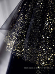 Black  A-Line Tulle Shiny Tulle Long Semi Formal Prom Dresses, Black Tulle Formal Dresses