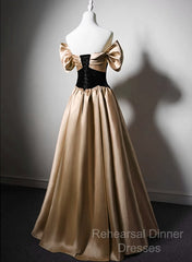 Black And Champagne Satin Long Party Dress, Off Shoulder Satin Semi Formal Prom Dress