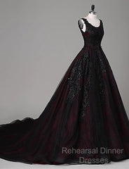 Black And Red Backless Tulle Long Formal Gown, Black And Red Long Semi Formal Prom Dress