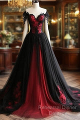 Black And Red Lace Tulle Off Shoulder Semi Formal Prom Dress, Black And Red Formal Dress