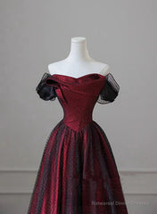 Black and Red Long Party Dress, Off Shoulder Tulle A-line Prom Dress