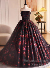 Black And Red Tulle Floral Sweet 16 Dress, Black And Red Party Dress Semi Formal Prom Dress