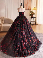 Black And Red Tulle Floral Sweet 16 Dress, Black And Red Party Dress Semi Formal Prom Dress