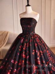Black And Red Tulle Floral Sweet 16 Dress, Black And Red Party Dress Semi Formal Prom Dress