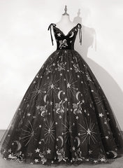Black Ball Gown Floral V-neckline Straps Sweet 16 Dress, Black Tulle Formal Dress