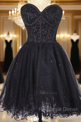 Black Beaded Embellished Sweetheart Short Tulle Homecoming Dress