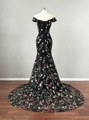 Black Floral Lace Mermaid Off Shoulder Long Party Dress, Black Evening Dress Semi Formal Prom Dress