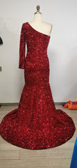 Black Girl Semi Formal Prom Dresses One Shoulder Mermaid Red Semi Formal Prom Dresses | Cheap Sequins Evening Gowns