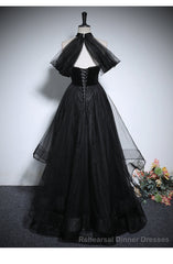 Black Haler Tulle And Velvet Long Semi Formal Prom Dress, Black A-Line Tulle Evening Dress