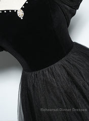 Black Haler Tulle And Velvet Long Semi Formal Prom Dress, Black A-Line Tulle Evening Dress