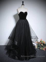 Black Haler Tulle And Velvet Long Semi Formal Prom Dress, Black A-Line Tulle Evening Dress