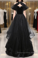 Black Haler Tulle And Velvet Long Semi Formal Prom Dress, Black A-Line Tulle Evening Dress