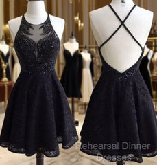 Black Lace Beaded Short Semi Formal Prom Dress, Cute Black Homecoming Dress