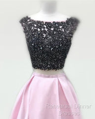 Black Lace Beaded Two Piece Satin Semi Formal Prom Dresses