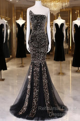 Black Mermaid Sequins Long Semi Formal Prom Dress, Black Evening Dress Party Dress