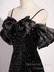 Black Off Shoulder Sequin Long Semi Formal Prom Dress Evening Dress With Bow Knot