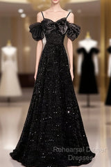 Black Off Shoulder Sequin Long Semi Formal Prom Dress Evening Dress With Bow Knot
