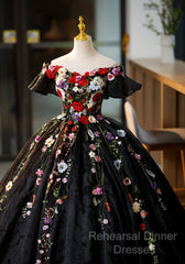 Black Off Shoulder Sweet 16 Dresses With Flowers, Black Ball Gown Formal Dress