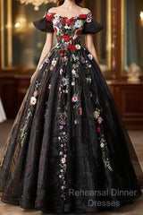 Black Off Shoulder Sweet 16 Dresses With Flowers, Black Ball Gown Formal Dress