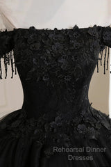 Black Off Shoulder Sweet 16 Formal Dress With Lace, Black Long Semi Formal Prom Dress