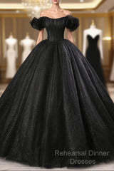 Black Off Shoulder Tulle Lace-Up Sweet 16 Dress, Black Long Party Dress Semi Formal Prom Dress