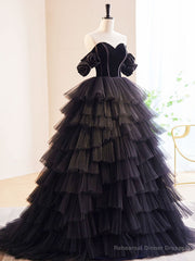 Black Off Shoulder Tulle Long Prom Dress, Black Formal Evening Dress