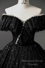 Black Off Shoulder Tulle Long Semi Formal Prom Dress, Black Formal Evening Dresses