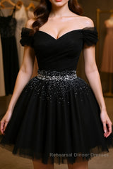 Black Off Shoulder Tulle Sequin Short Semi Formal Prom Dresses, Black Homecoming Dresses
