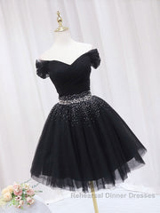 Black Off Shoulder Tulle Sequin Short Semi Formal Prom Dresses, Black Homecoming Dresses