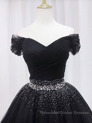 Black Off Shoulder Tulle Sequin Short Semi Formal Prom Dresses, Black Homecoming Dresses