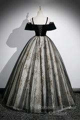 Black Off Shoulder Tulle With Lace Long Formal Dress, Black Sweet 16 Dress