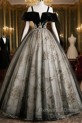 Black Off Shoulder Tulle With Lace Long Formal Dress, Black Sweet 16 Dress