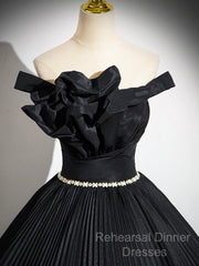 Black Pleated Long A-Line Party Gown With Rhinestone Sash, Elegant Off The Shoulder Formal Evening Dress