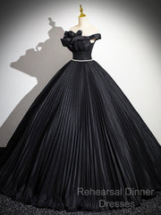 Black Pleated Long A-Line Party Gown With Rhinestone Sash, Elegant Off The Shoulder Formal Evening Dress