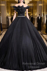 Black Pleated Long A-Line Party Gown With Rhinestone Sash, Elegant Off The Shoulder Formal Evening Dress