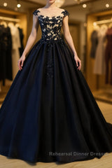 Black round neck satin long Semi Formal Prom Dresses gown, black evening Dresses